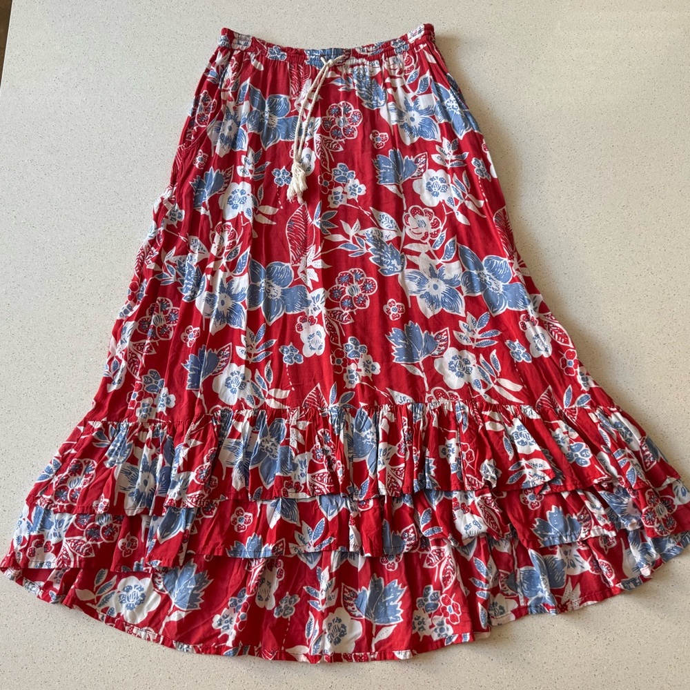 Tulle & Batiste Anthropologie Floral Red Blue Maxi Skirt Ruffled Cottage Core